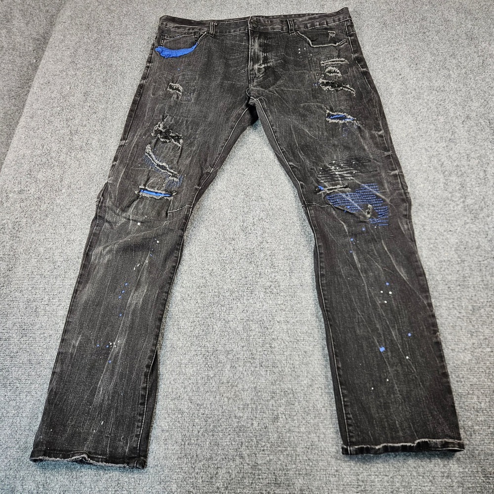 Smoke Rise Mens Distressed Black Blue Paint Splatter Slim Fit Jeans Size 40x32.5